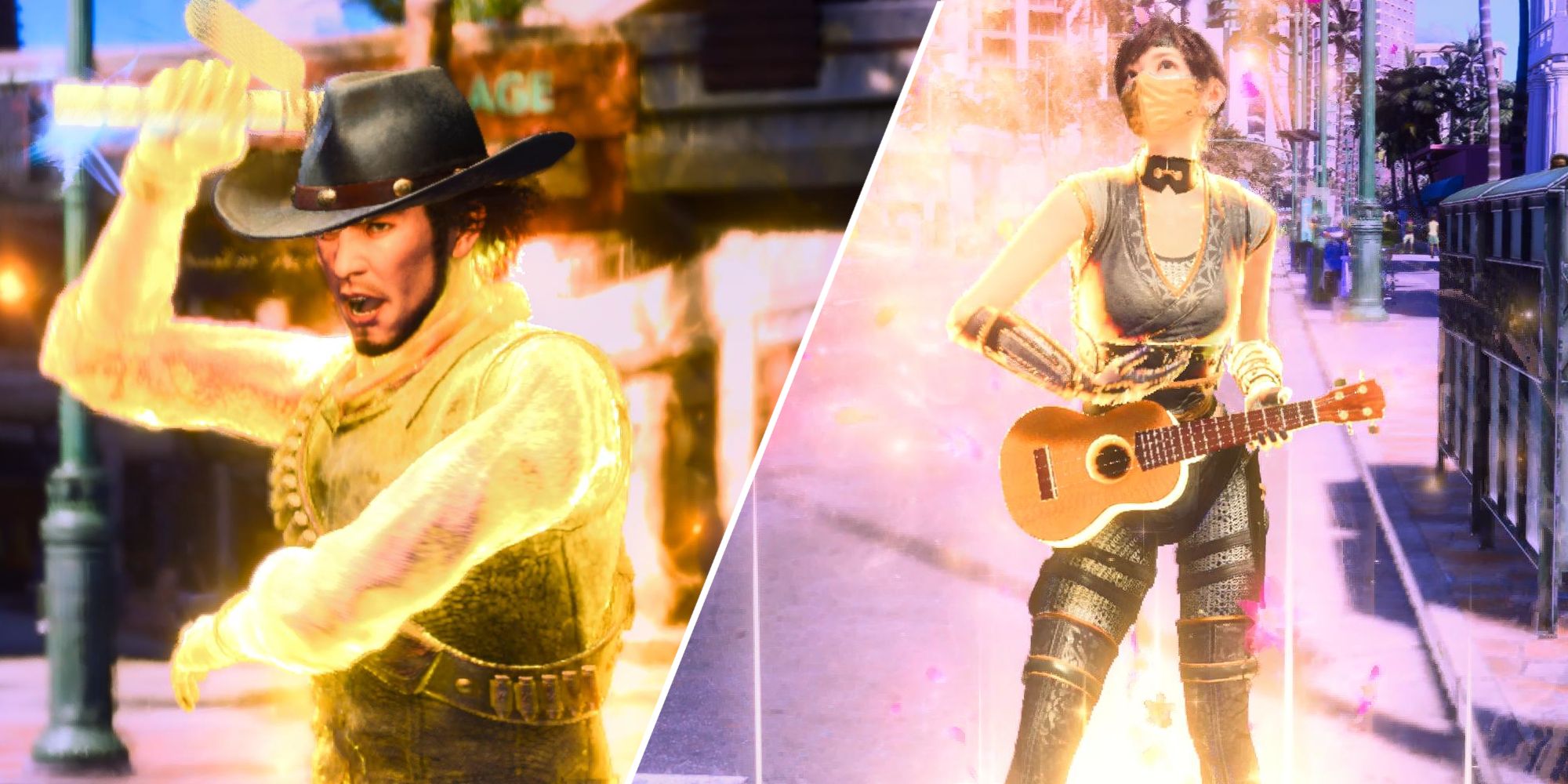 Como A Dragon Infinite Wealth, imagen dividida con un Desperado con nunchakus y Kunoichi con un ukelele