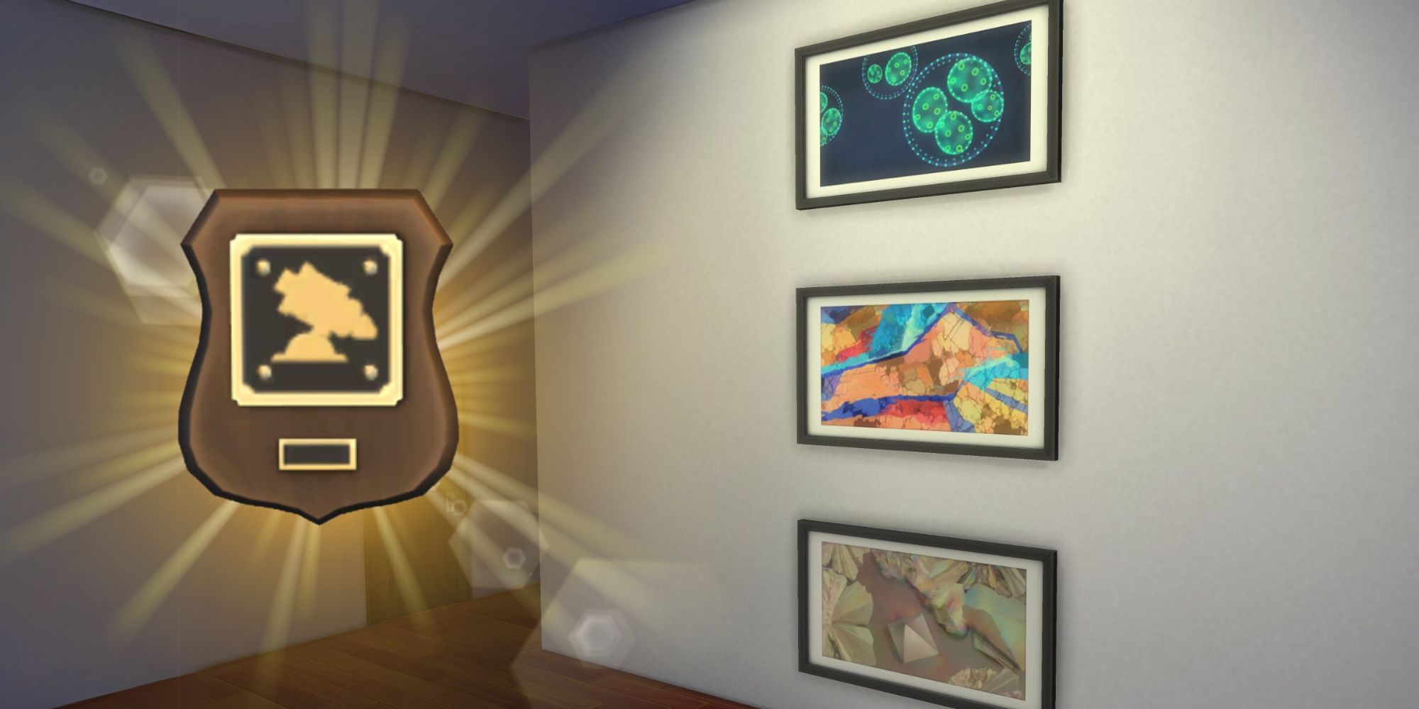 En una captura de pantalla de Los Sims 4, en una pared blanca, se cuelgan tres grandes impresiones de microscopios.  A la izquierda, brilla la placa del Microscope Jockey.  