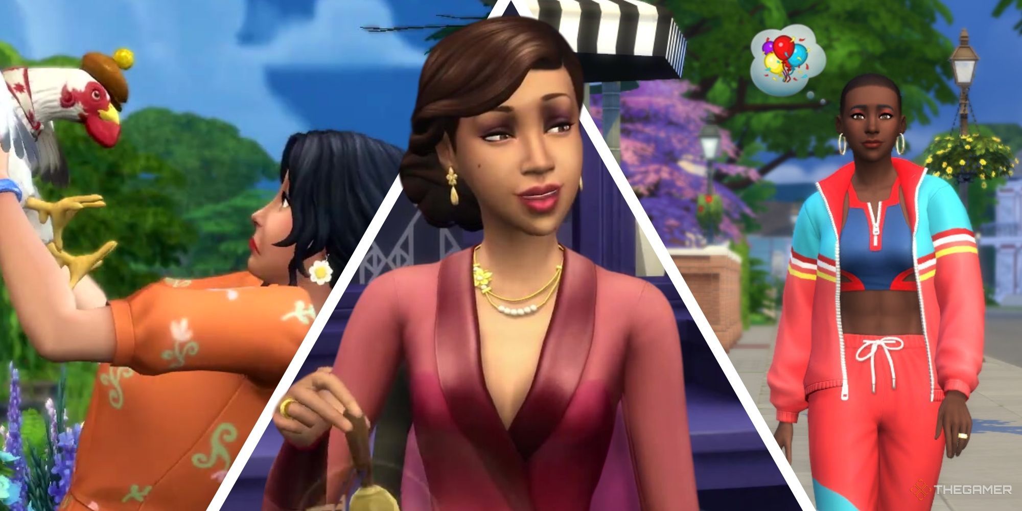 Imagen dividida que muestra 3 Sims diferentes en diferentes épocas.