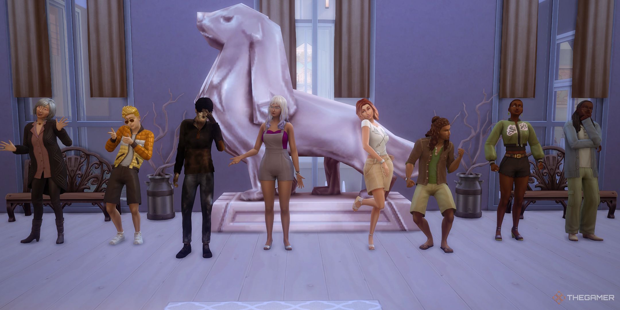 Ocho Sims jugando en los Sims 4 Gran Hermano Desafío