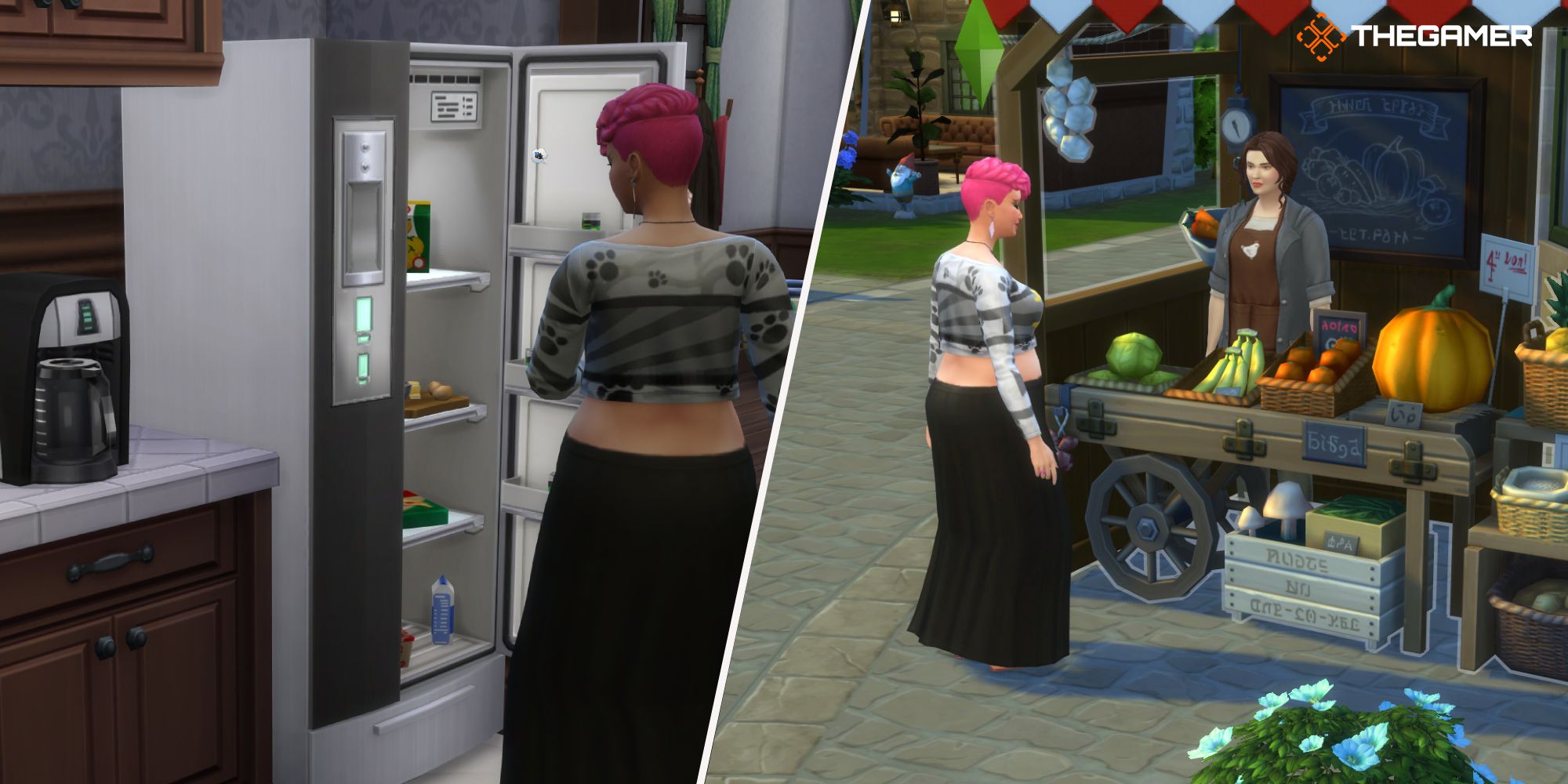 Los Sims 4: Izquierda: Sim abriendo el refrigerador para coger ingredientes, derecha: Sim parado en el puesto de productos agrícolas
