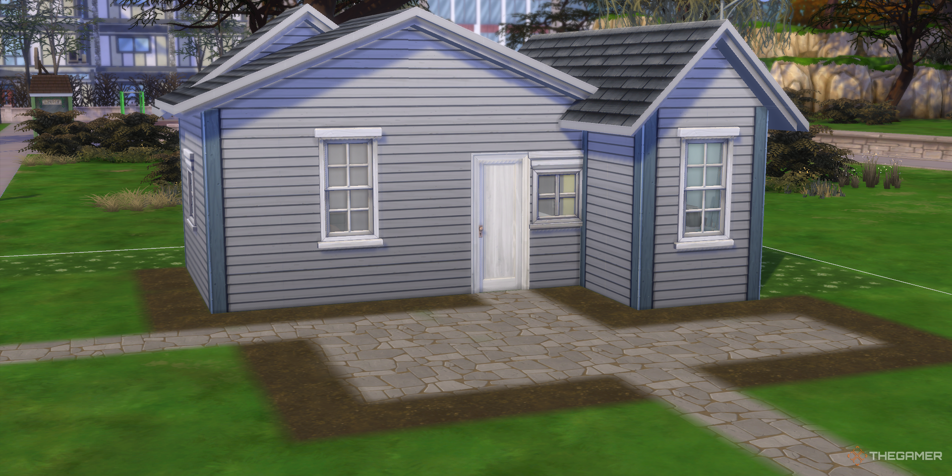 Exterior de una casa económica para principiantes en Los Sims 4.