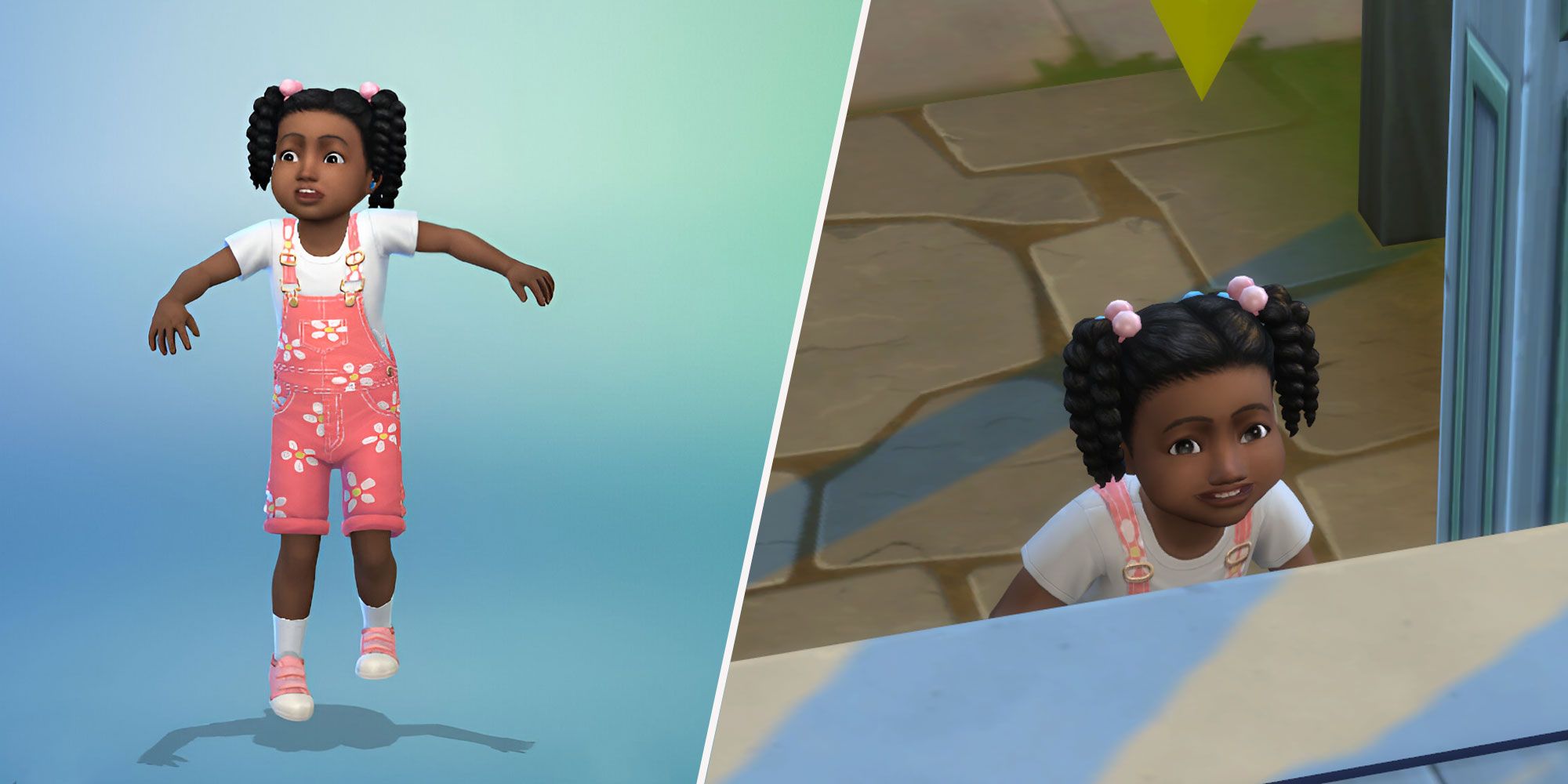 Una imagen dividida en dos.  A la izquierda, se ve a un niño pequeño congelado mientras salta y a la derecha se ve al mismo niño subiendo un pequeño tramo de escaleras en Los Sims 4.