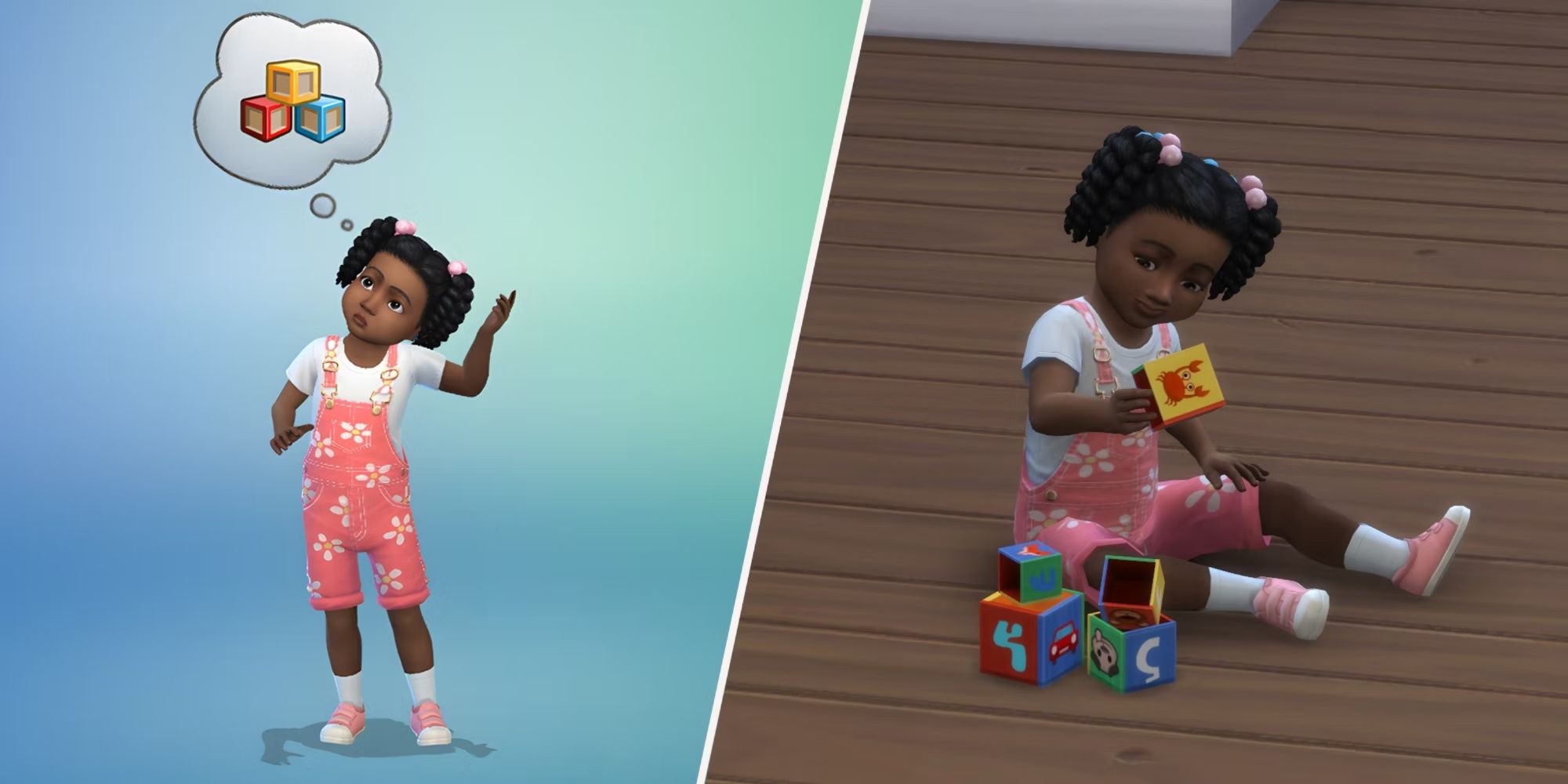 Una imagen dividida en dos.  A la izquierda, se ve a un niño pequeño pensando en bloques para encajar y a la derecha se ve al mismo niño jugando con bloques para encajar en Los Sims 4.