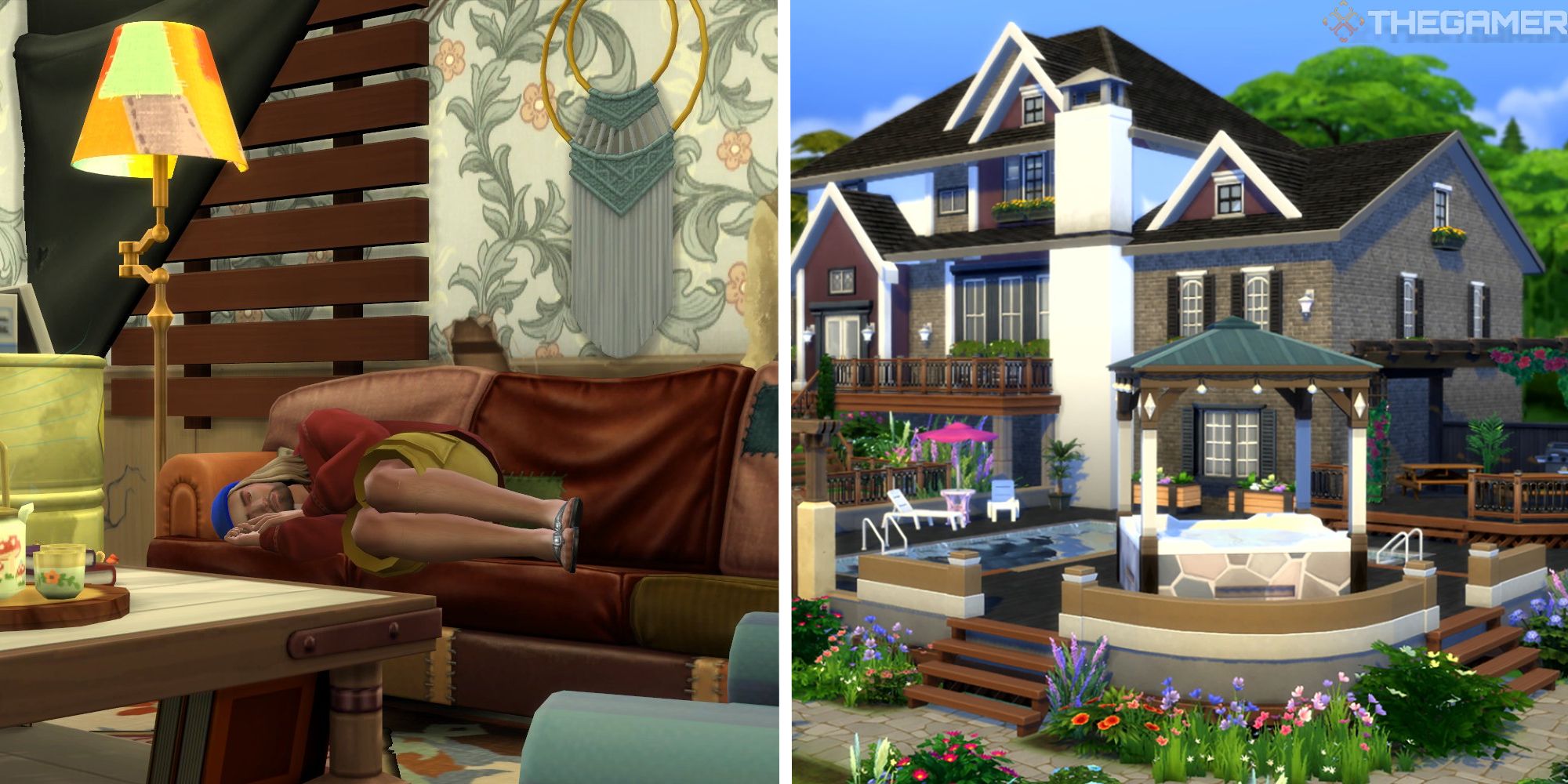 Sims 4 imagen dividida de Sim durmiendo en el sofá junto a la imagen de la mansión