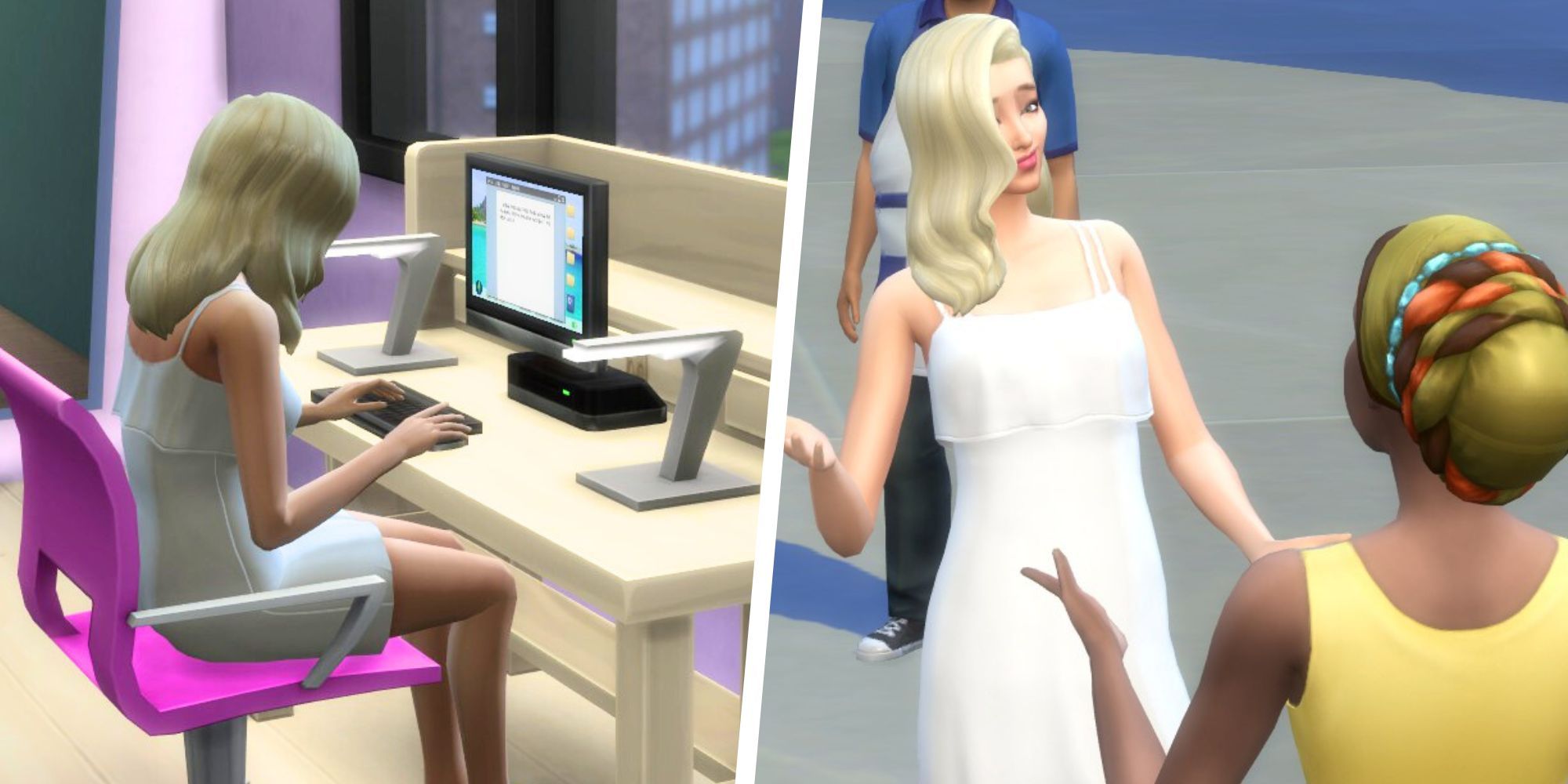 Imagen dividida de un Sim escribiendo un artículo y hablando con un Sim en Los Sims 4