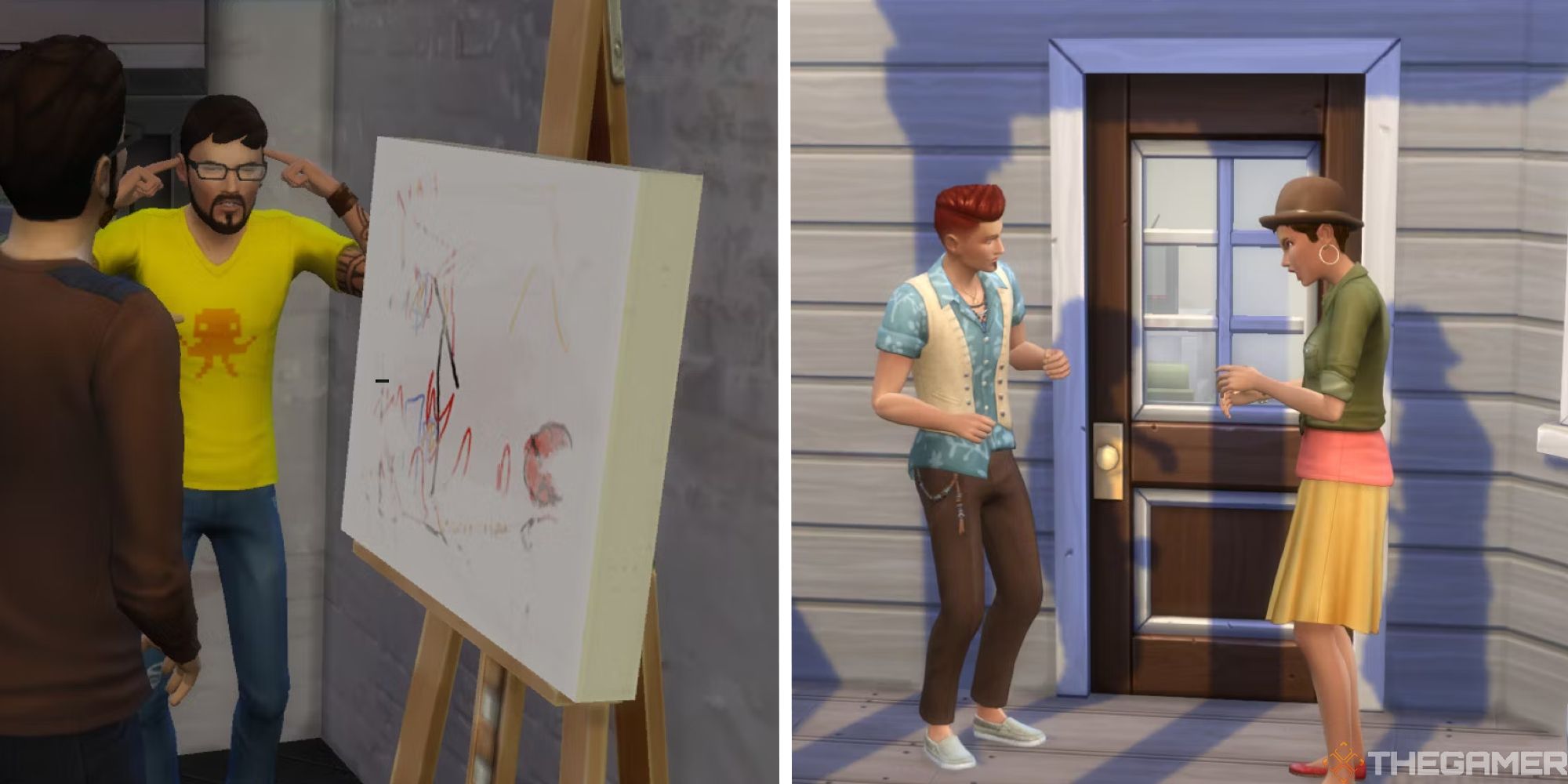 Sims 4 imagen dividida que muestra a dos parejas discutiendo
