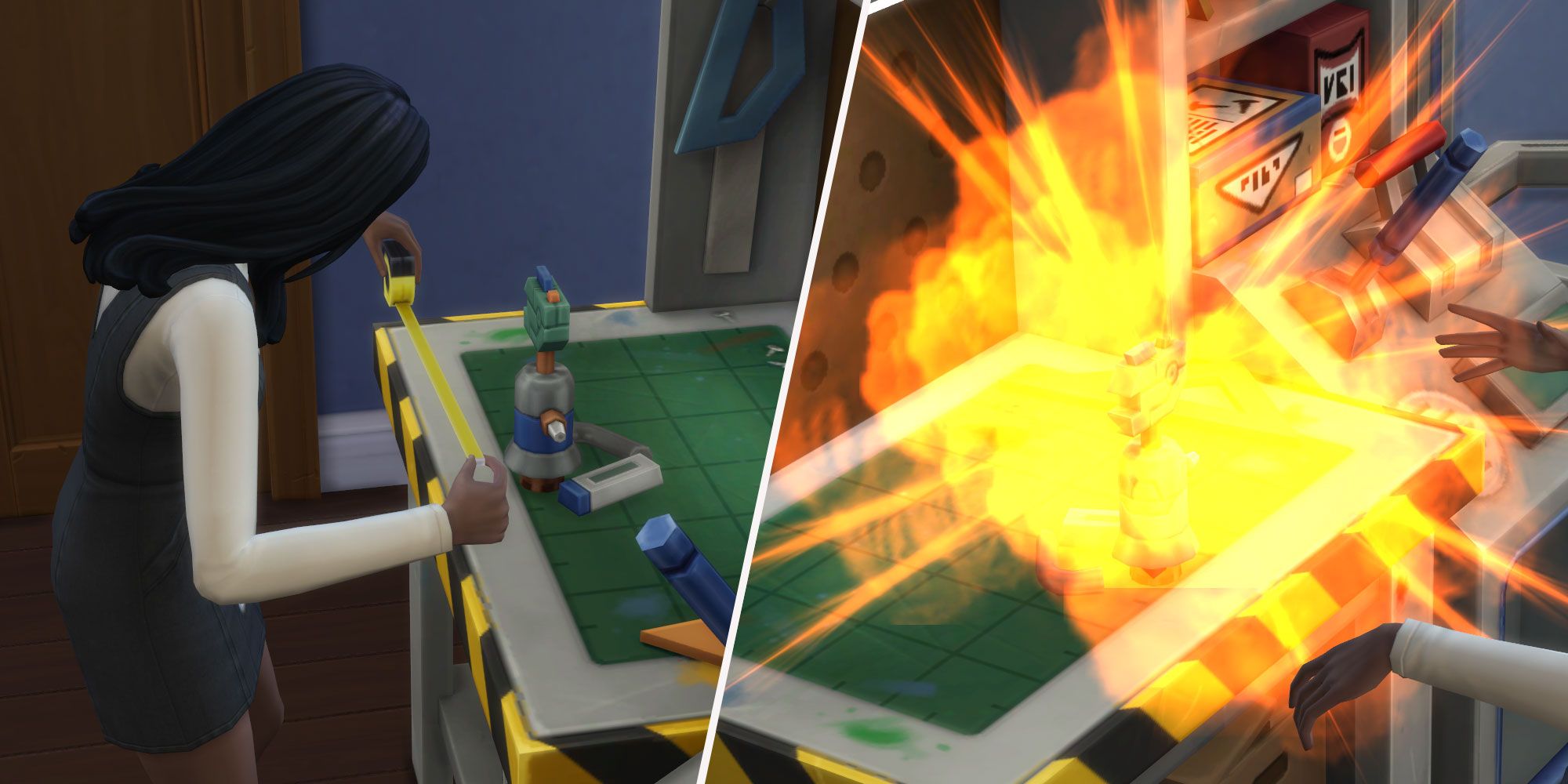 Una imagen dividida en dos que representa dos escenas de Los Sims 4. A la izquierda, una Sim femenina está midiendo un pequeño robot.  A la derecha, se ve el mismo pequeño robot aparentemente explotando.
