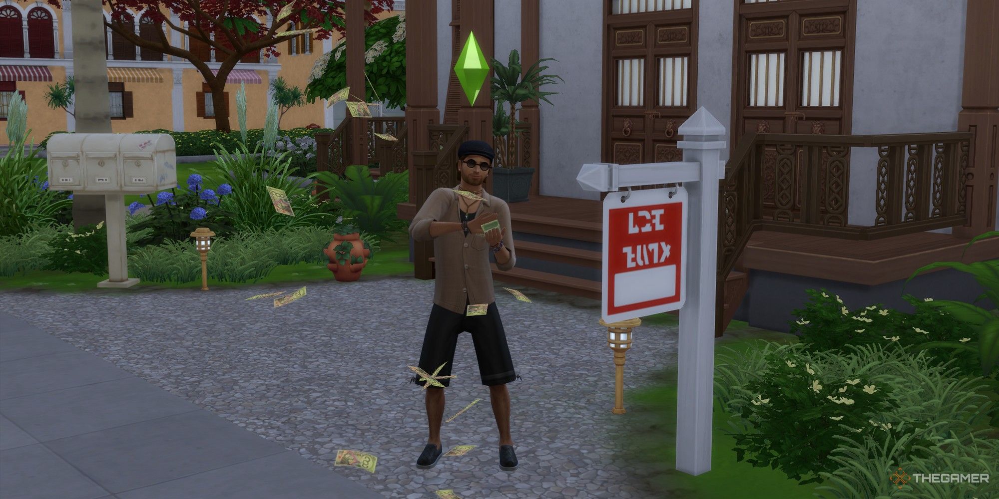 un sim haciendo llover afuera de una propiedad de alquiler en tomarang los sims 4 para alquilar comprar una propiedad
