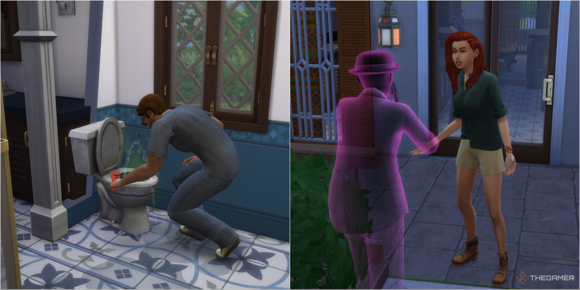 un sim hundiendo un inodoro en un apartamento con un sim hablando con un fantasma en otro los sims 4 en alquiler evento de emergencia eventos de mantenimiento