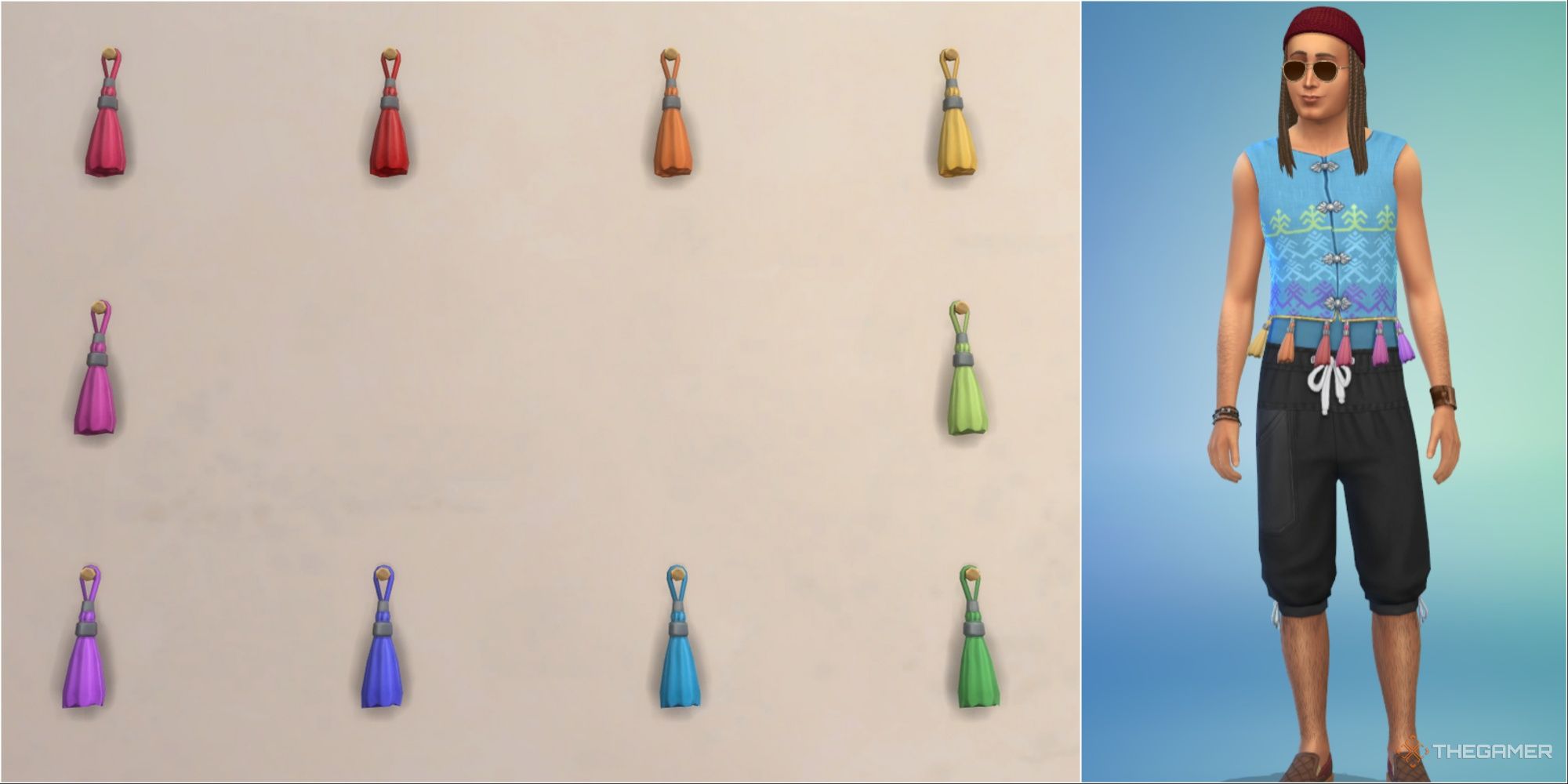 las diez borlas y un sim usando la camisa que obtienes por encontrar las diez borlas en los sims 4 en alquiler
