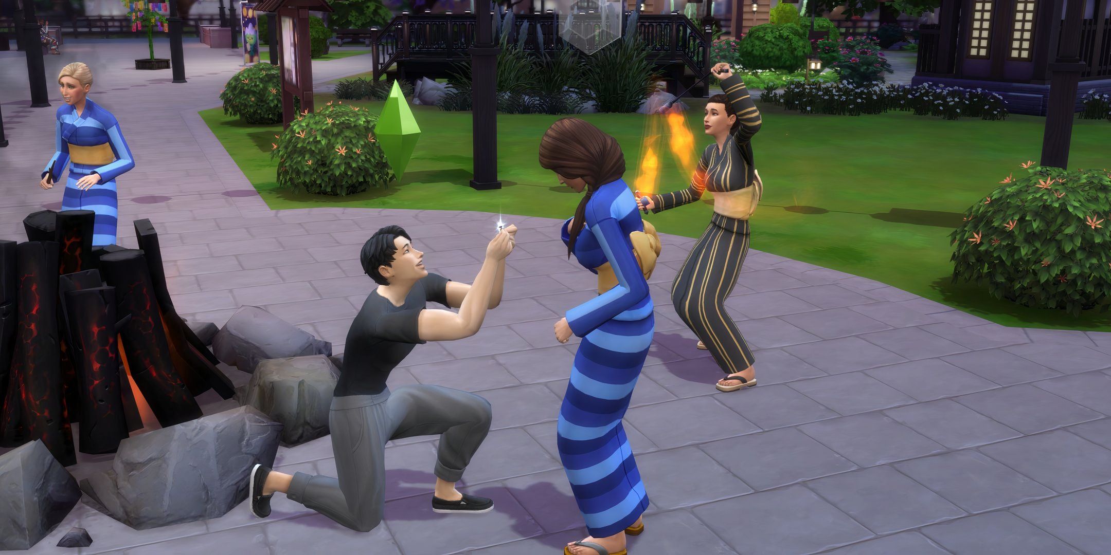 Los Sims 4: Enamorados: Un Sim propone matrimonio en un festival.