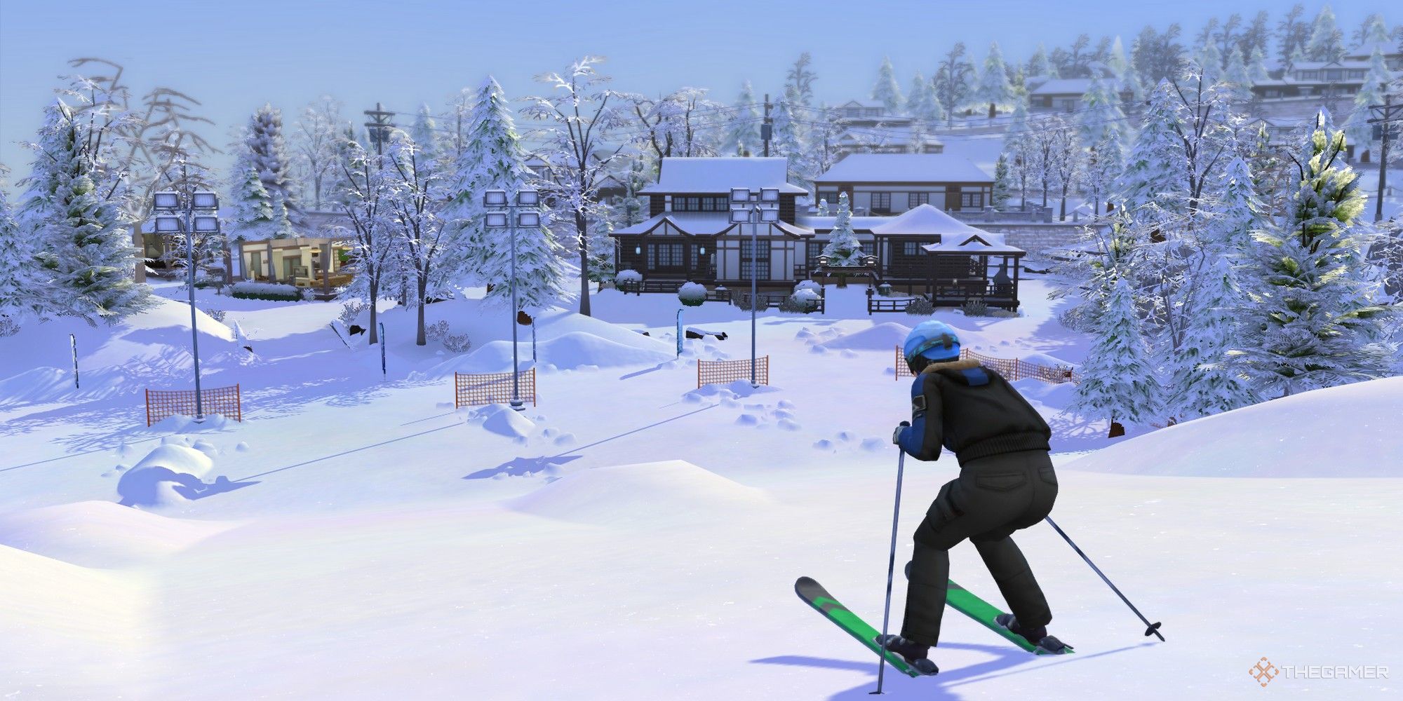 un sim preparándose para esquiar por una pendiente de conejos los sims 4 habilidad de esquiar en la nieve