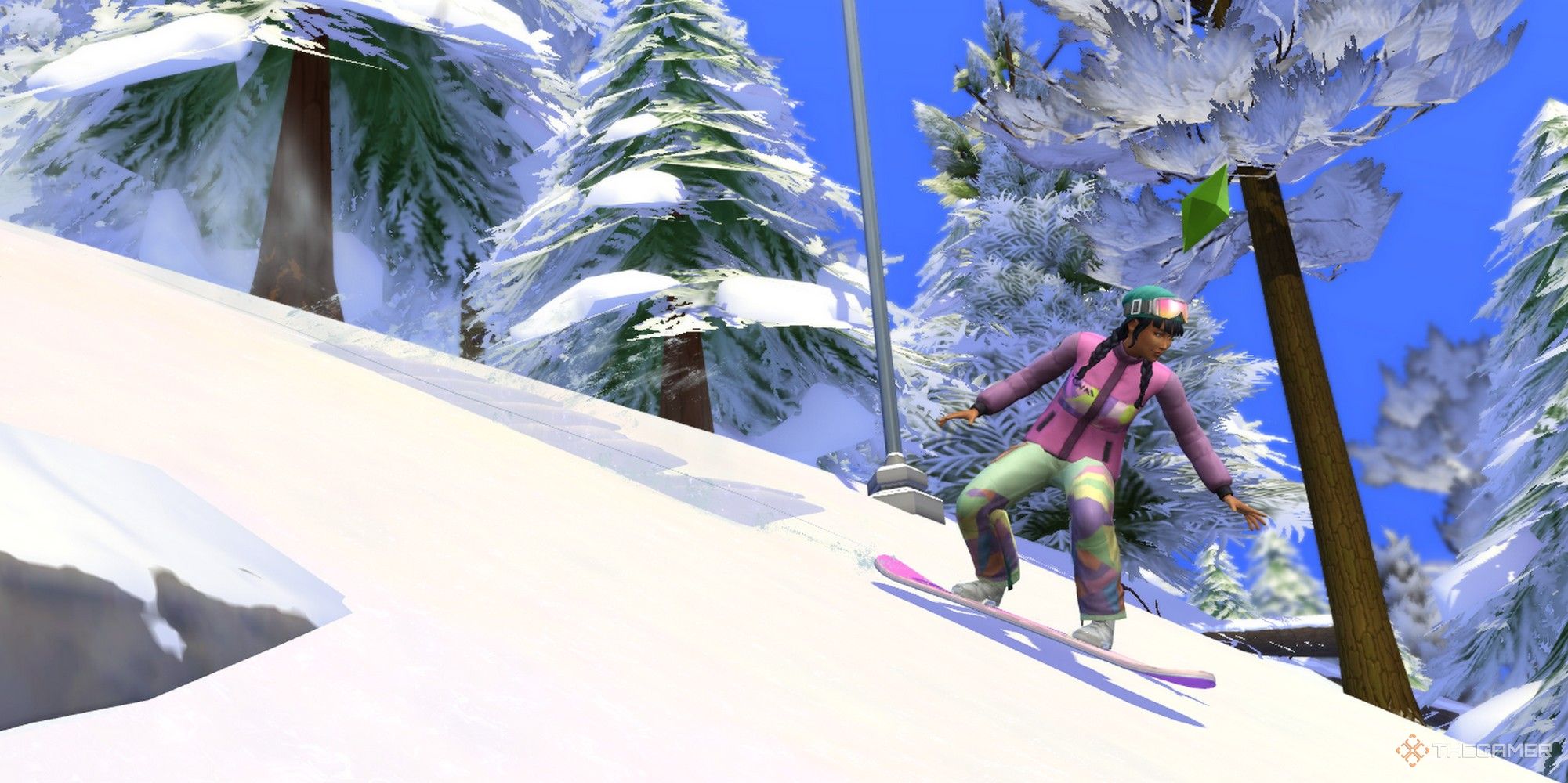 los sims 4 haciendo snowboard una sim femenina en el monte.  La habilidad de snowboard de escape nevado de la pendiente experta de Komorebi