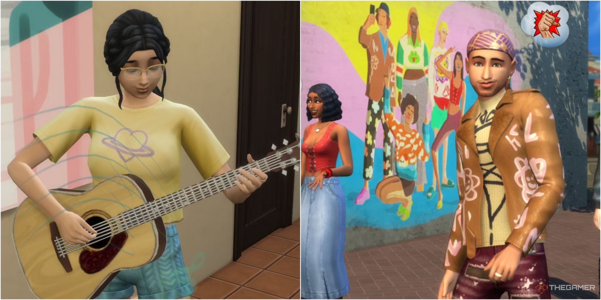 un sim que toca la guitarra y un sim moderno que usa ropa depop sims 4 habilidad emprendedora