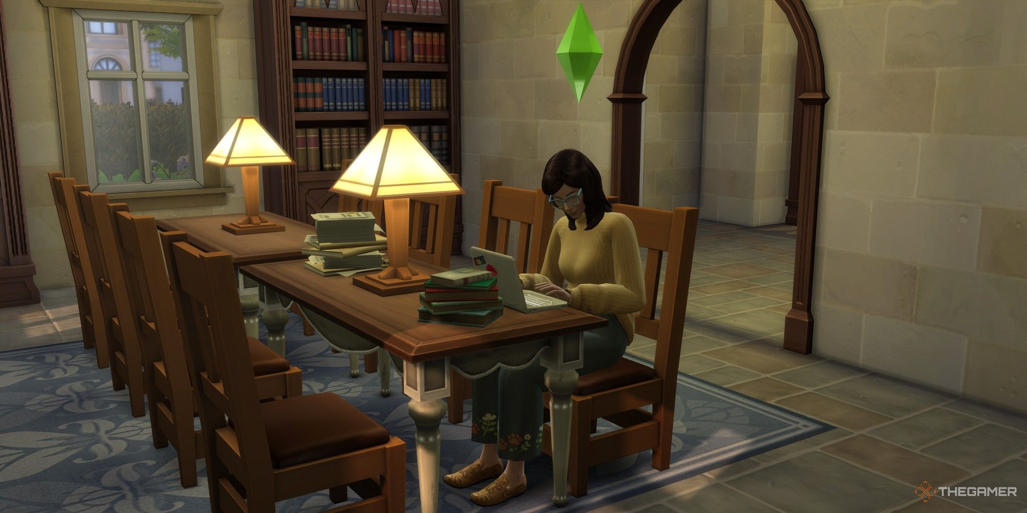 un sim en la biblioteca de britechester escribiendo en una computadora portátil el autor más vendido de los sims 4