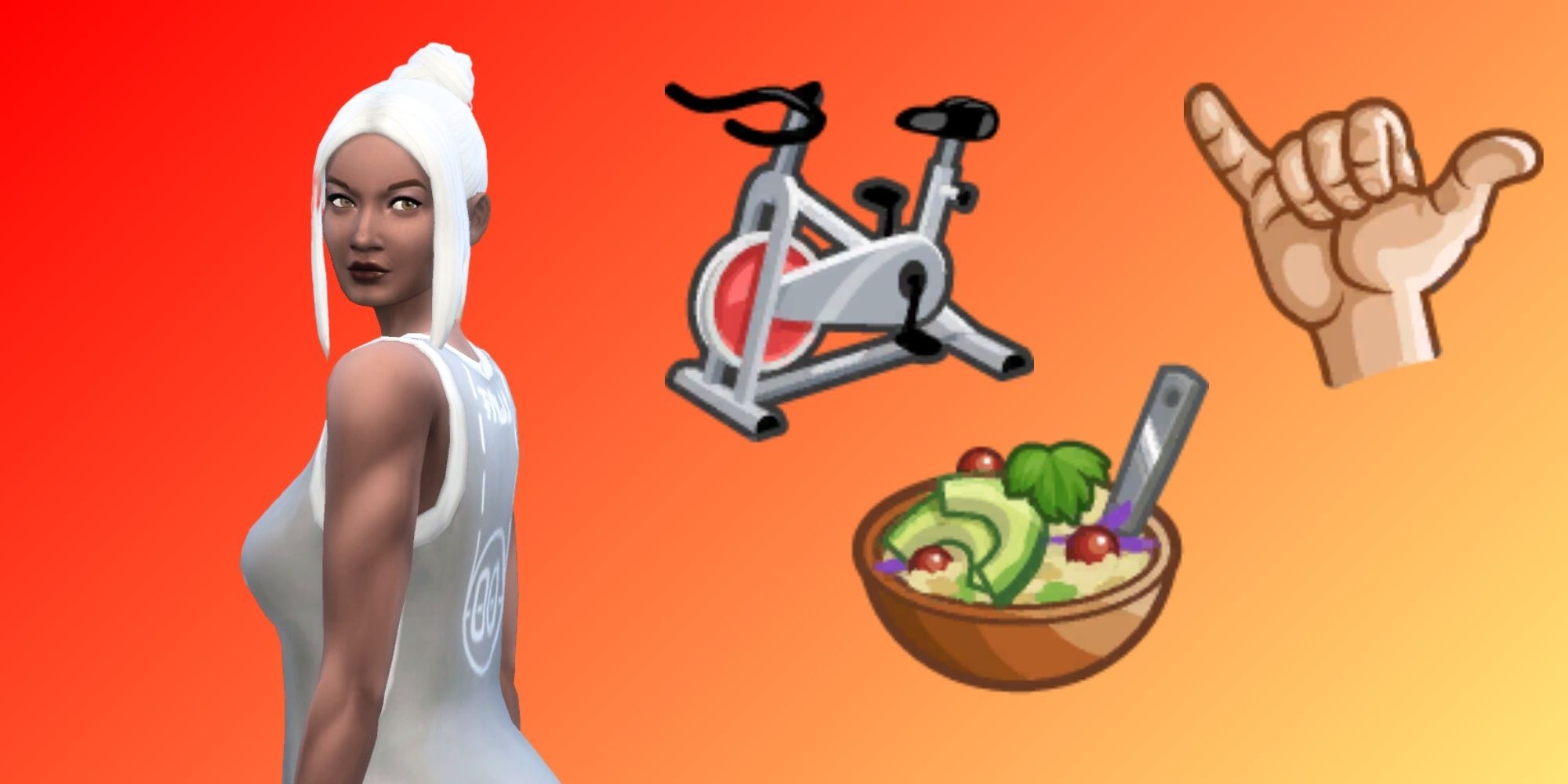 Una Sim femenina mira por encima del hombro mientras está junto a íconos que representan una bicicleta estática, un plato de comida saludable y el rasgo Bro.