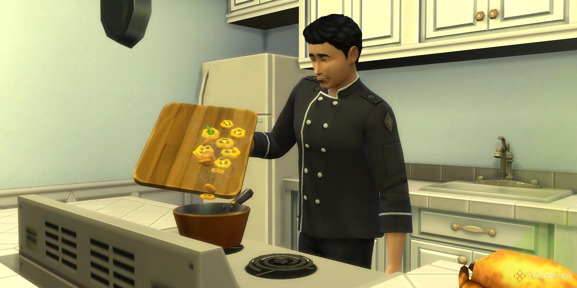 un sim masculino cocinando en la estufa los sims 4 carrera culinaria