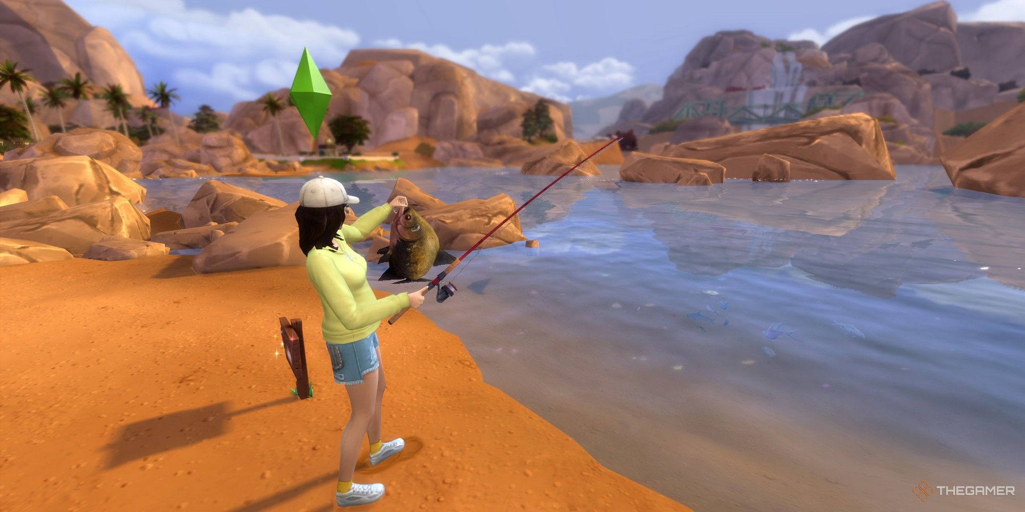un sim en oasis springs pescando en el agua los sims 4 guía de pesca