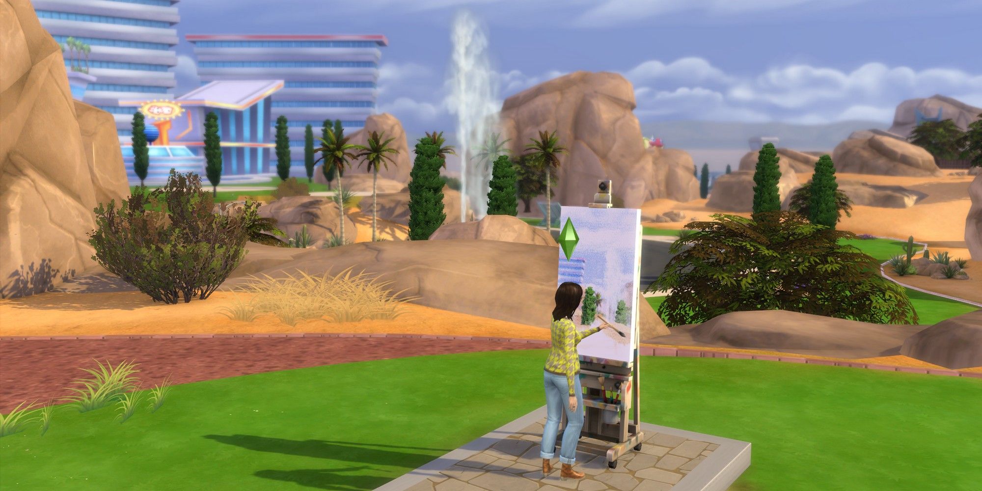 una sim femenina pintando afuera en oasis springs la guía de habilidades de pintura de los sims 4