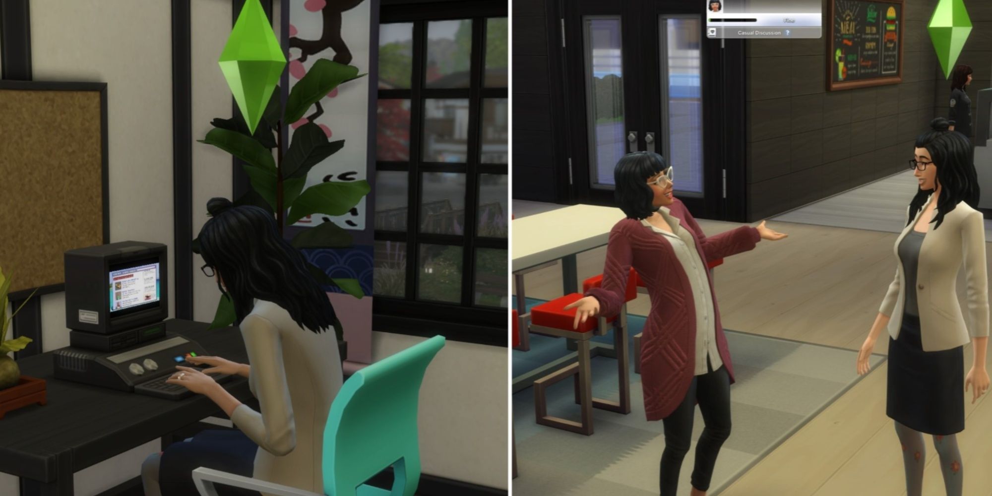 Los Sims 4: una imagen dividida de un sim frente a una computadora a la izquierda y un sim hablando con otro sim a la derecha