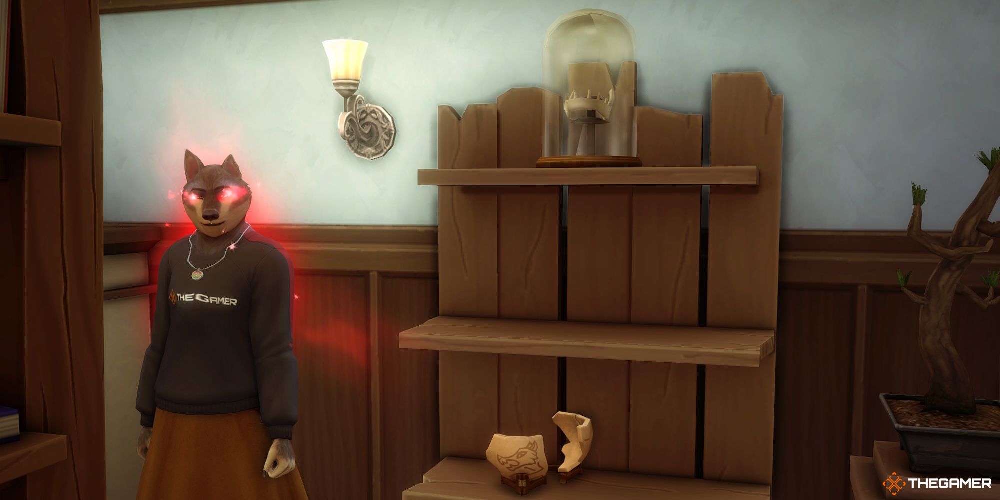 Algunas reliquias de Moonwood en un estante en Sims 4