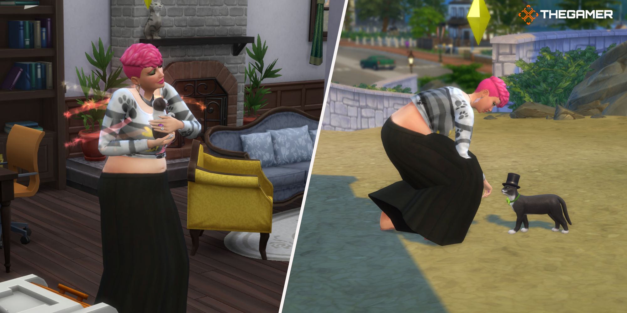 Los Sims 4 Perros y Gatos: Izquierda, sosteniendo a una mascota después de adoptarla de la agencia, derecha: conociendo a un gato negro callejero