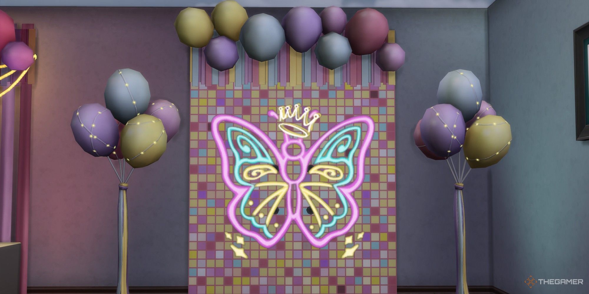 letrero de neón de mariposa arcoíris en una fiesta el kit de elementos esenciales para la fiesta de los sims 4