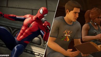 spider man wielding a microphone and reading with the hunter during a hangout split
