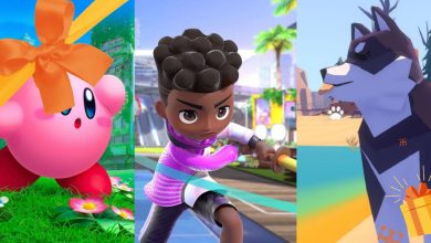 Split image screenshots of Kirby and the Forgotten Land, Nintendo Switch Sports and Pupperazzi.