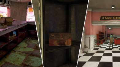 Fallout 76 screenshots of mac n cheese in a Red Rocket Truck Stop, Saulsberry steak in a fridge, and the player standing at the entrance to Le Grand Gourmet