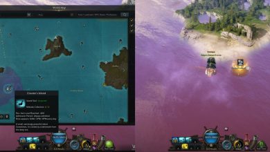 Lost Ark split image of Erasmo's Island location on open seas and map location