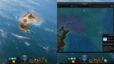 Lost Ark split image of Outlaw Isle location on open seas and map location