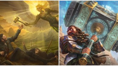 art for Sigarda's Blessing and Colossus Hammer from Magic: The Gathering