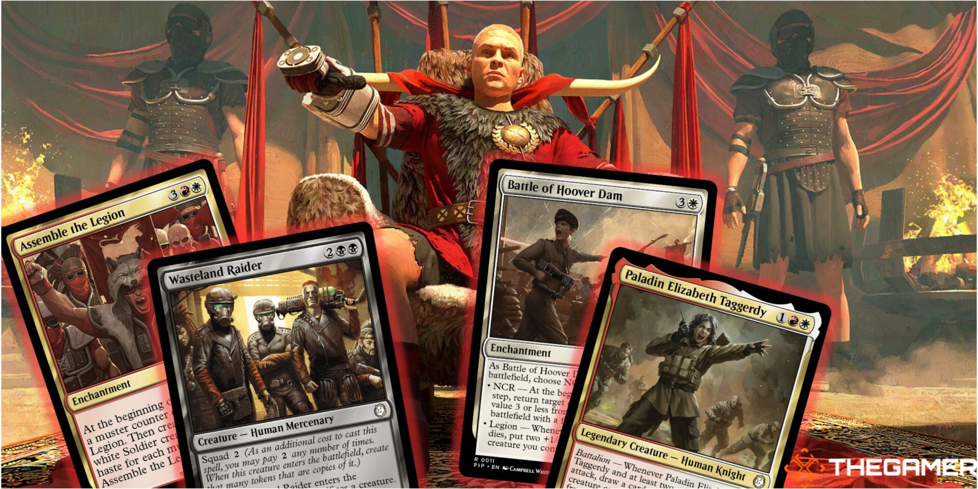 César, Emperador de la Legión + Reúne la Legión + Wasteland Raider + Batalla de la presa Hoover + Paladín Elizabeth Taggerdy Magic: The Gathering cards