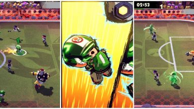 Split feature image featuring screenshots of Toad running through defenders, Toad performing a Hyper Strike, and Boom Boom waiting for a save in goal
