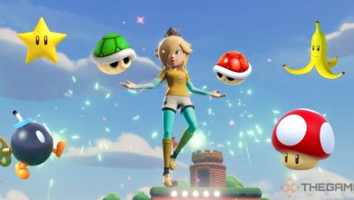 Mario Strikers Battle League Feature Image featuring Rosalina floating, surrounded by a star, a bob-omb, a green shell, a red shell, a banana, and a mushroom