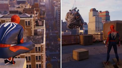 Marvel's Spider-Man Fisk Hideout Story Quest Spider-Man looking over the city on the left and Webbed Up Enemies on the right.