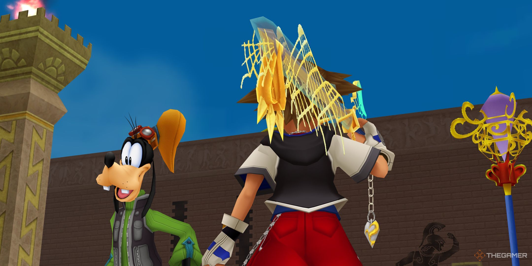 Sora, Donald y Goofy posando después de una victoria en el Coliseo del Olimpo en Kingdom Hearts Final MIx.