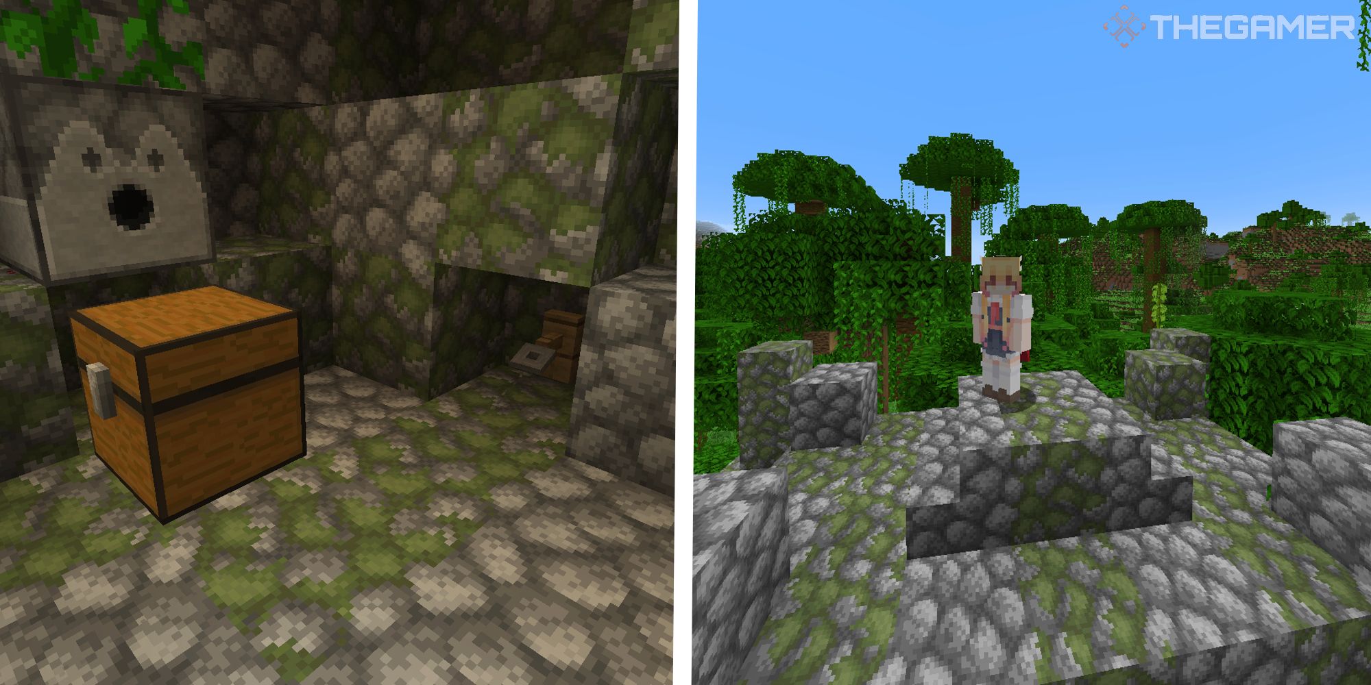 image of arrow trap with chest and tripwire next to image of player standing on top of a jungle pyramid