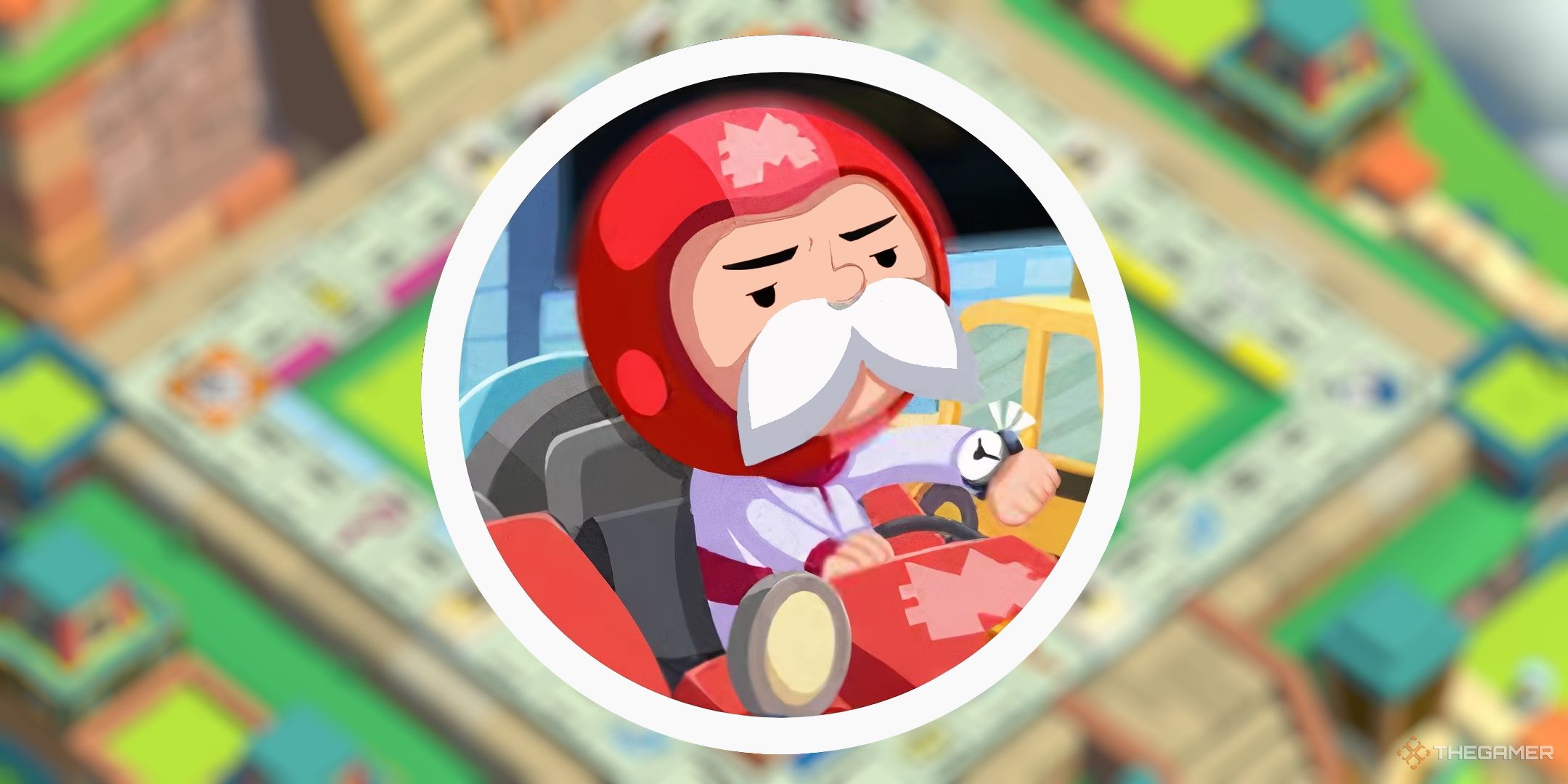 Imagen destacada de Monopoly Go Rush Hour Riches. El señor Monopoly en un coche de carreras con aspecto serio se impone sobre un tablero de Monopoly borroso.-1