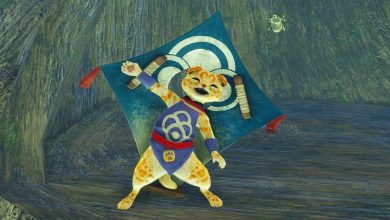 A Palico in Monster Hunter Rise with a kite on its back, waving towards the viewer