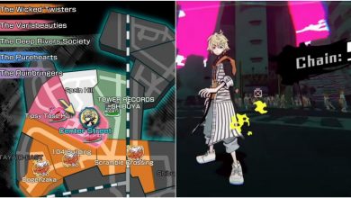Split image screenshots of the NEO: The World Ends With You Scramble Slam map and Rindo Kanade engaging a 5 Noise Chain Reduction.
