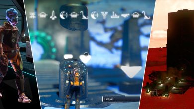 Split image of an alien, of a stone structure with glyphs, and of another structure.