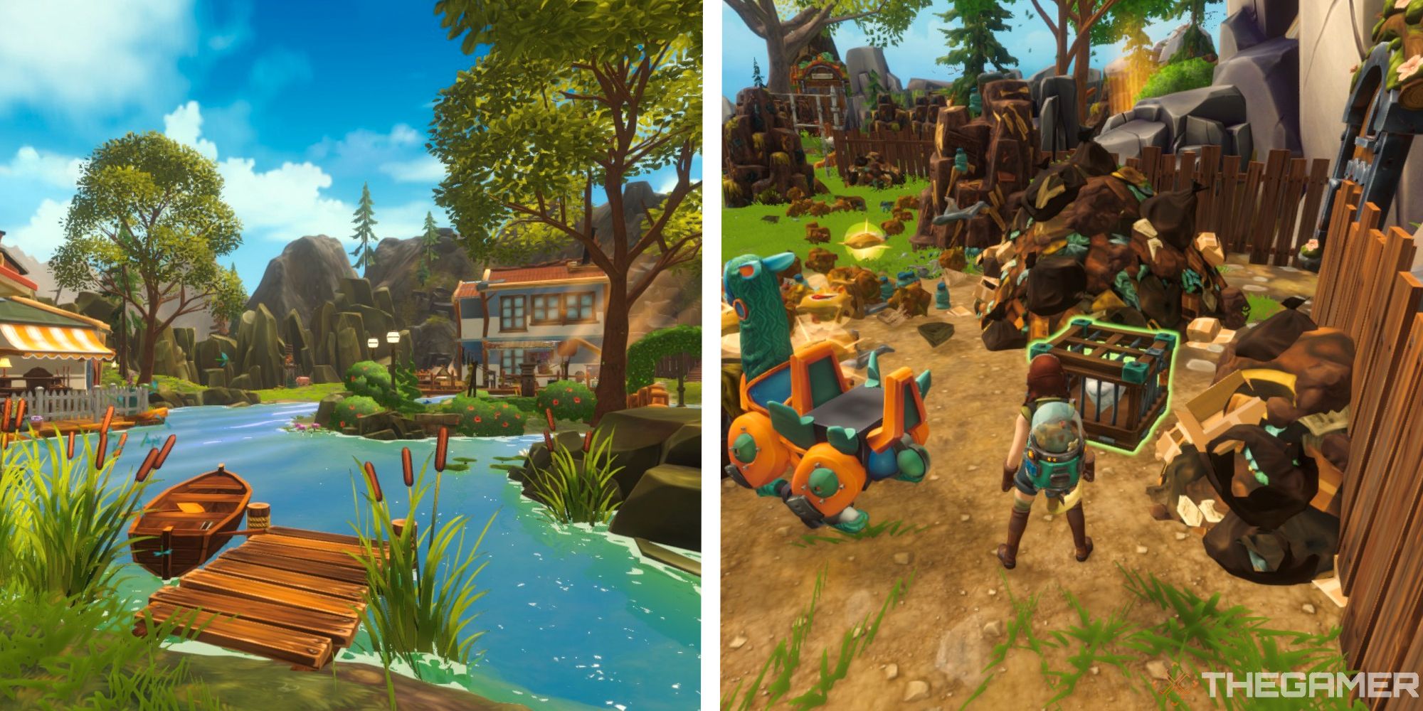image of waterfront with boat and house next to image of player clearing trash to reveal a chicken
