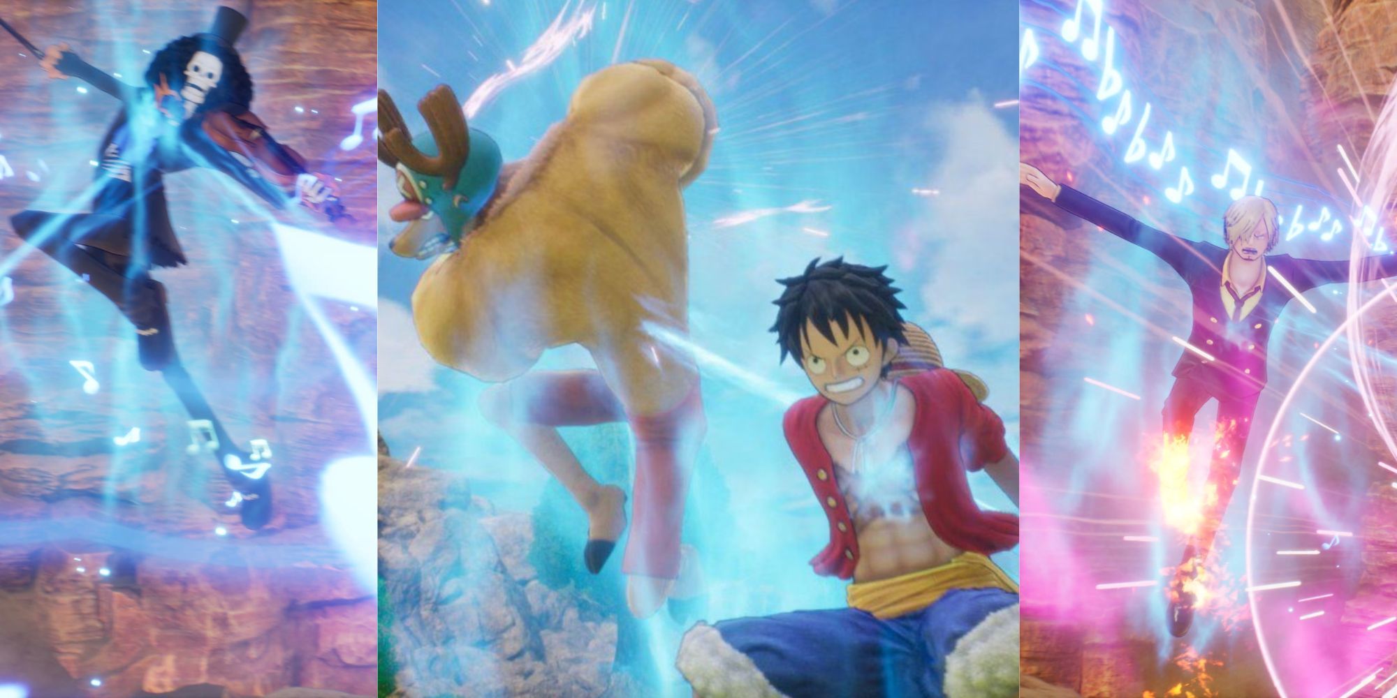 Montaje de arte de Bond de One Piece Odyssey con Chopper, Luffy, Brook y Sanji