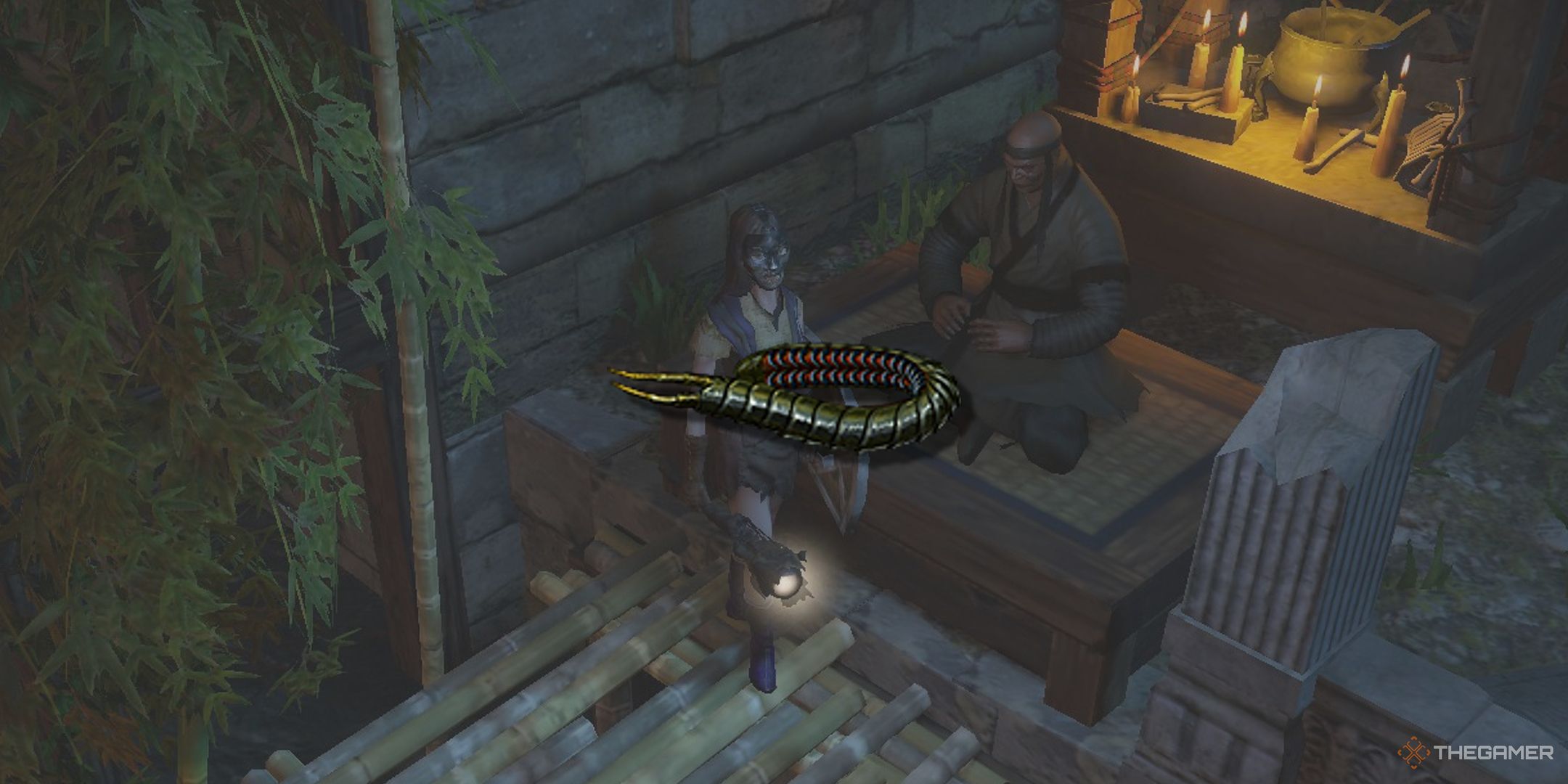 Una imagen que muestra a un jugador de Path of Exile parado cerca de Tasuni desvanecida con bajo contraste, mientras que la Bobina de Ryslatha está en la parte superior como un png con una sombra proyectada. 