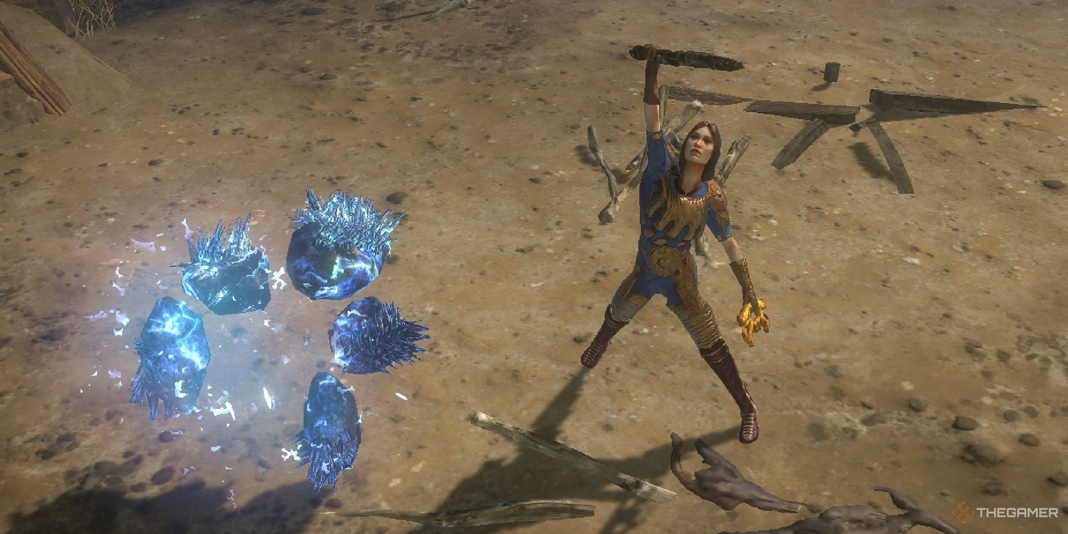 Imagen de Path of Exile que muestra al jugador invocando un esbirro mientras sostiene un arma sobre su cabeza.