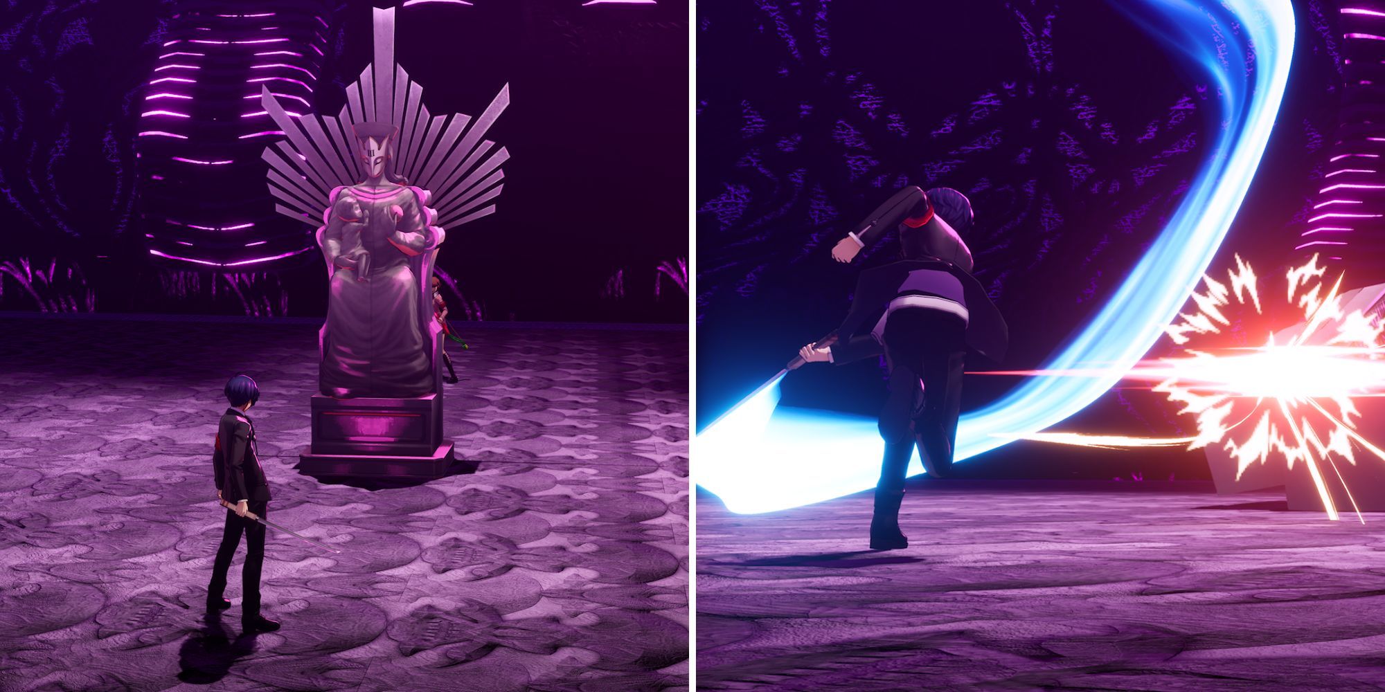 Collage de la Reliquia Clarividente en batalla siendo atacada por un jugador en Persona 3 Reload.
