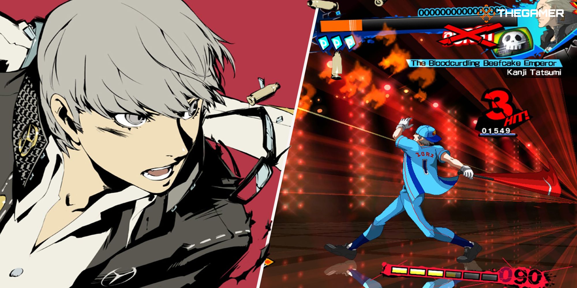 [Left Panel] Yu fights against a barrage of bullets. [Right Panel] Junpei hits a home run in Awakened State. Custom Image. Persona 4 Arena Ultimax.